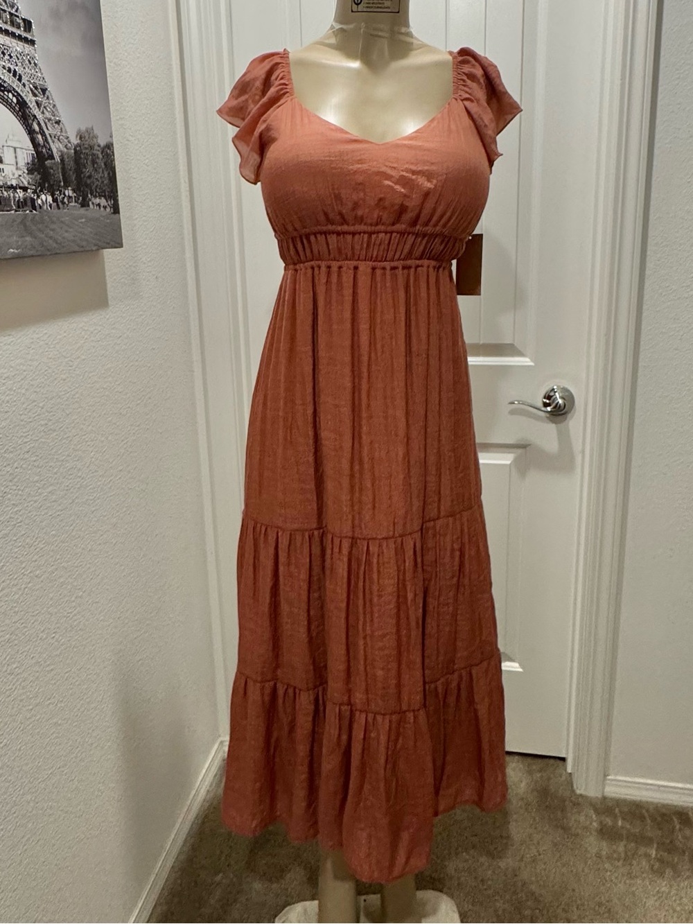 Women's Tiered Maxi Dress with Ruffle Sleeves - Rust